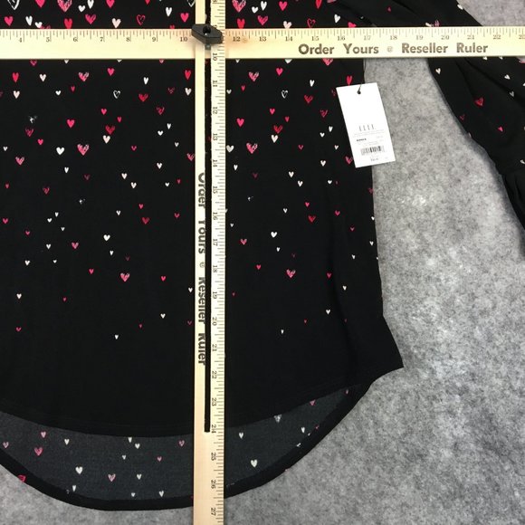 Elle Top XS Blouse Career Heart Print Crepe Black Accordion Pleat Sleeves Pink - Picture 9 of 13